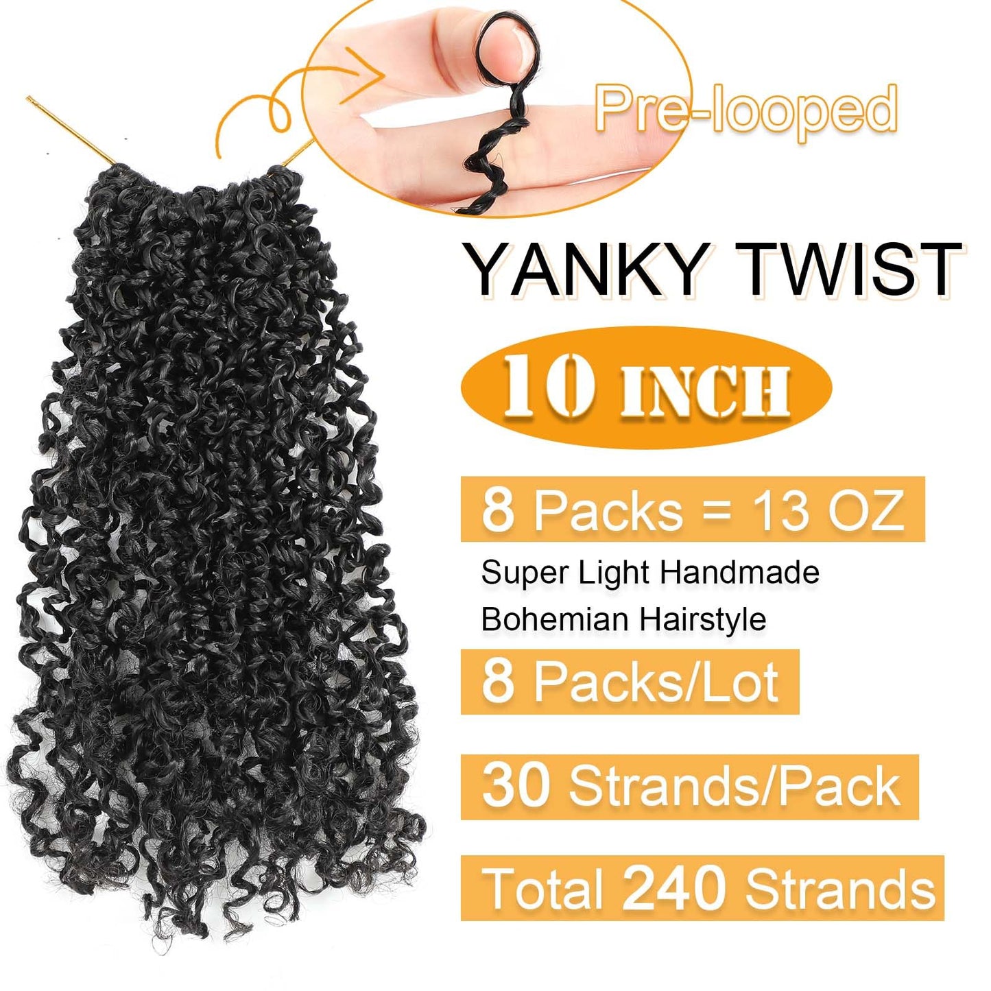 Aksice Pre-looped Yanky Twist Crochet Hair 10 Inch 8 Packs Bohemian Passion Twist Spring Mini Twist Crochet Hair for Black Women Boho Crochet Braids Synthetic (1B#)