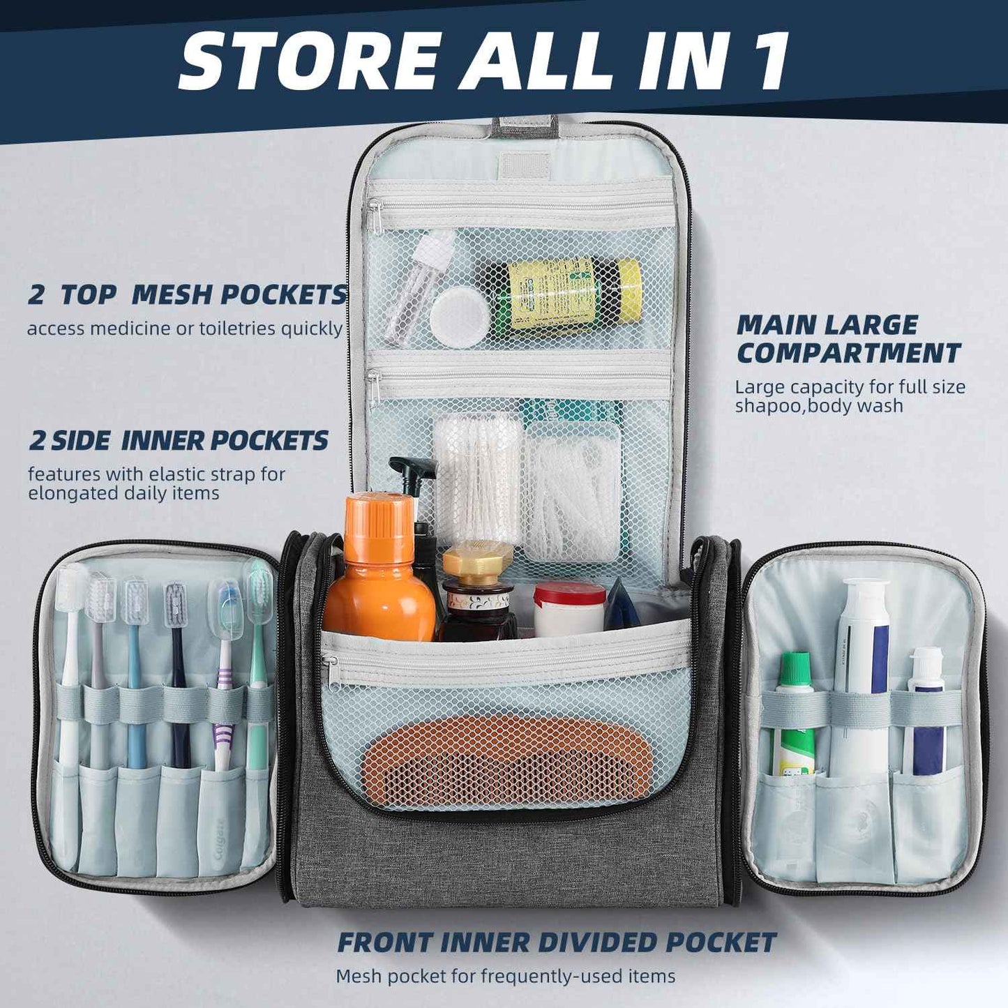 Buruis Large Capacity Toiletry Bag for Women and Men, Hanging Toiletry Organizer Cosmetics Makeup Bag, Water-resistant Dopp Kit Shaving Bags for Full Sized Toiletries, Travel Essentials (Oxford Gray)