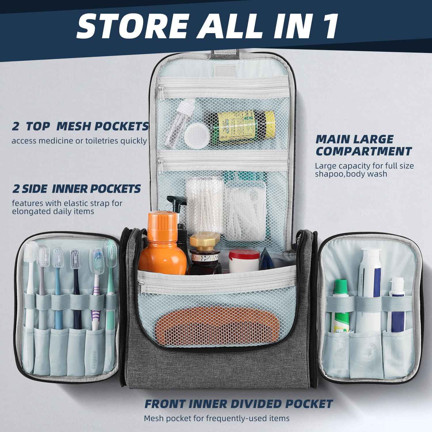 Buruis Large Capacity Toiletry Bag for Women and Men, Hanging Toiletry Organizer Cosmetics Makeup Bag, Water-resistant Dopp Kit Shaving Bags for Full Sized Toiletries, Travel Essentials (Oxford Gray)