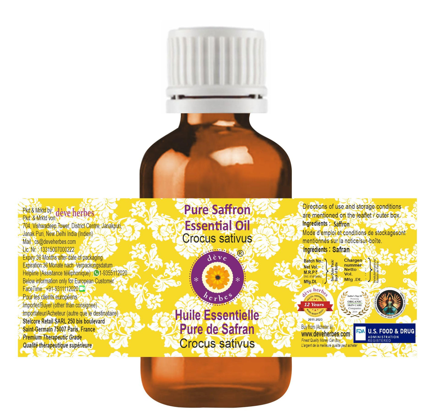 Deve Herbes Pure Saffron Essential Oil (Crocus sativus) Steam Distilled 10ml (0.33 oz)