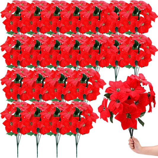 Riceshoot 18 Pcs Christmas Artificial Poinsettia Bushes 18 Inch Faux 5 Heads Poinsettia Bush Bouquets Velvet Artificial Christmas Flowers for Xmas Tree Home Indoor Outdoor Decorations (Red)