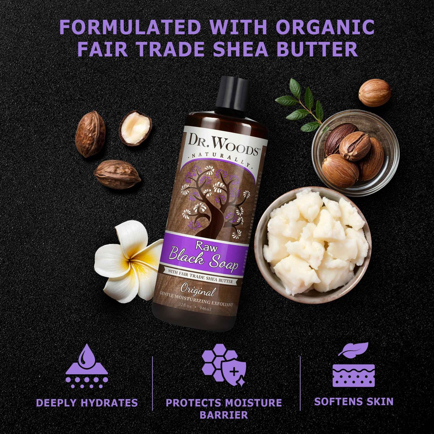 Dr. Woods Raw African Liquid Black Soap - Body Wash for Men and Women, Contains Organic Shea Butter, Gentle Exfoliant, Natural Cleanser for Face, Hands, and Body - 32 Fl Oz, Pack of 3