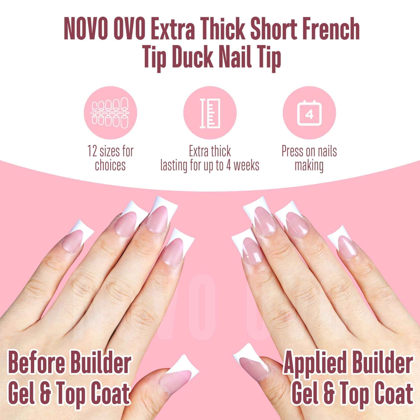 NOVO OVO French Tip Short Duck Nail Tips Press on, Pre-designed Soft Gel Nail Extension, BERRY PINK Pre-applied Tip Primer & Base Coat, Full Cover Matte Vrial False Nails for DIY x 12 Sizes 240 pcs