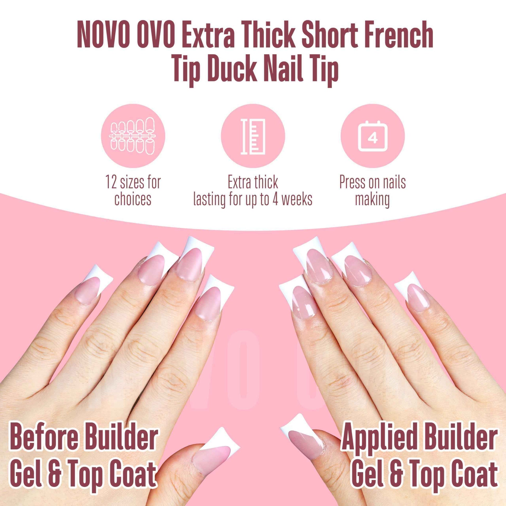 NOVO OVO French Tip Short Duck Nail Tips Press on, Pre-designed Soft Gel Nail Extension, BERRY PINK Pre-applied Tip Primer & Base Coat, Full Cover Matte Vrial False Nails for DIY x 12 Sizes 240 pcs