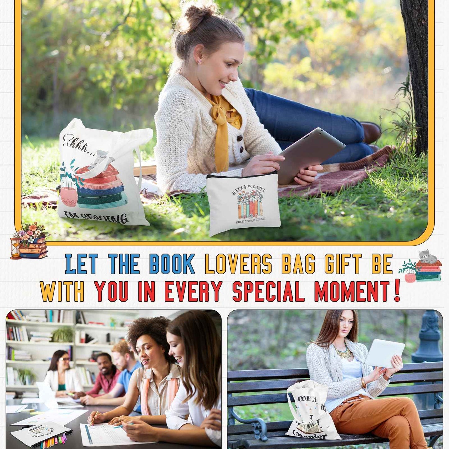 Paterr 12 Pcs Book Club Gifts Bulk Reading Canvas Tote Bag with Makeup Bag Book Lovers Gifts for Women - Reading Accessories, Librarian, Bookish, Readers, Author, Library Present