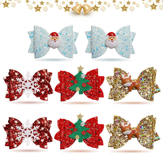 8pcs Christmas Hair Clip Glitter Sequined Christmas Santa Bow Clips Christmas Tree, Snowflower Elk Bow Hair Barrettes Hairpin Christmas Tree Accessories Christmas Birthday Gifts for Girls Women