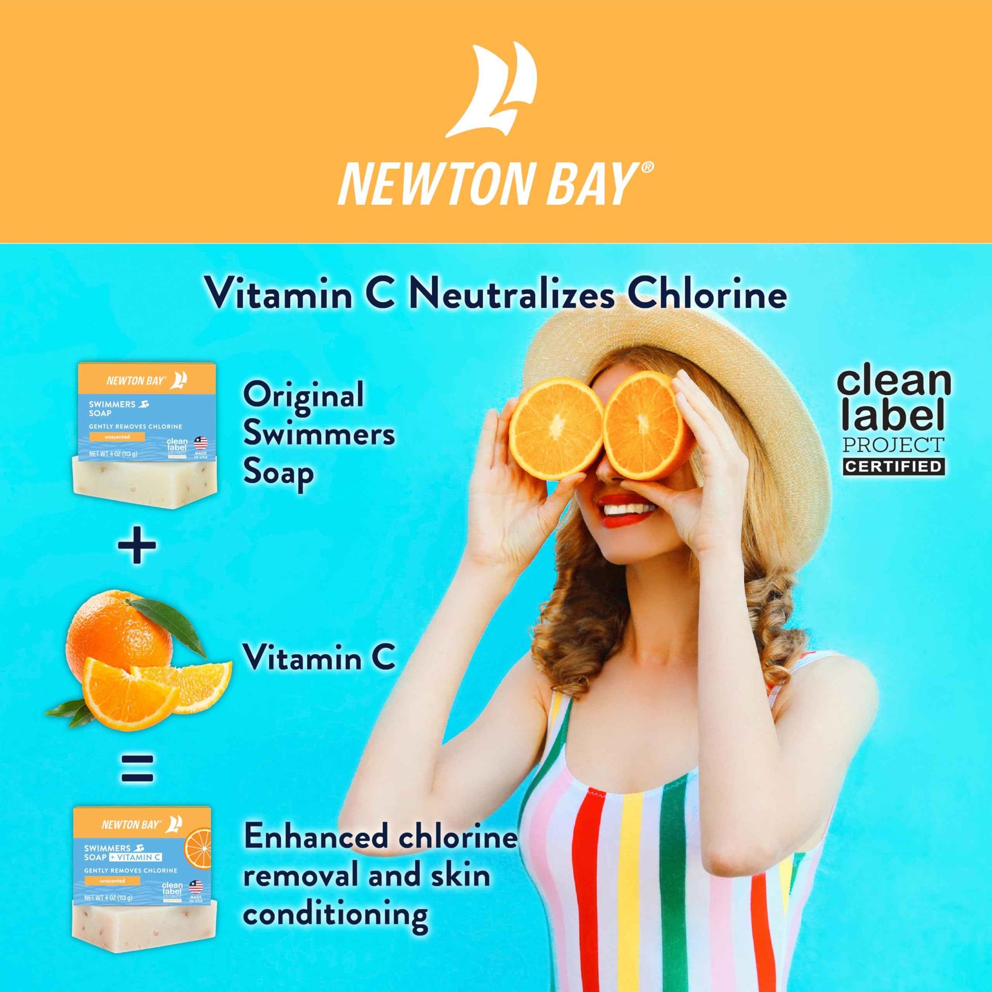 Newton Bay Swimmers Soap + Vitamin C | All Natural Body and Face Wash Soap Bar | Neutralizes and Washes Away Chlorine After Swimming | Revitalizes Sensitive Skin | 5-Pack of 4 Ounce Soap Bars