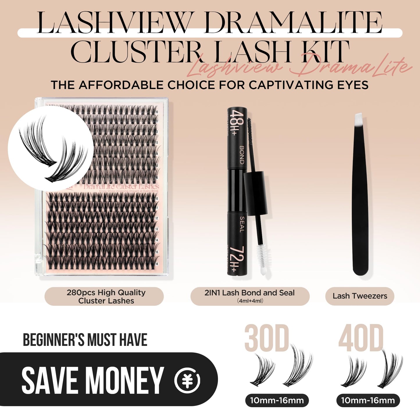 LASHVIEW DIY Lash Extension Kit 280 Clusters Lashes Kit 30D 40D 0.07D-10-16mm Lash Clusters with Lash Bond and Seal and Lash Tweezer for DIY Eyelash Extension at Home（30D&40D-0.07D-10-16MIX）