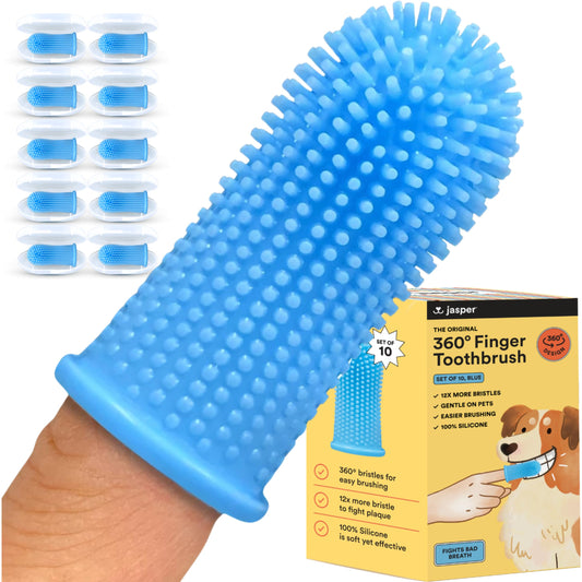 Jasper Dog Toothbrush, 360º Dog Tooth Brushing Kit, Cat Toothbrush, Dog Teeth Cleaning, Dog Finger Toothbrush, Dog Tooth Brush for Small & Large Pets, Dog Toothpaste Not Included, 10-Pack Blue