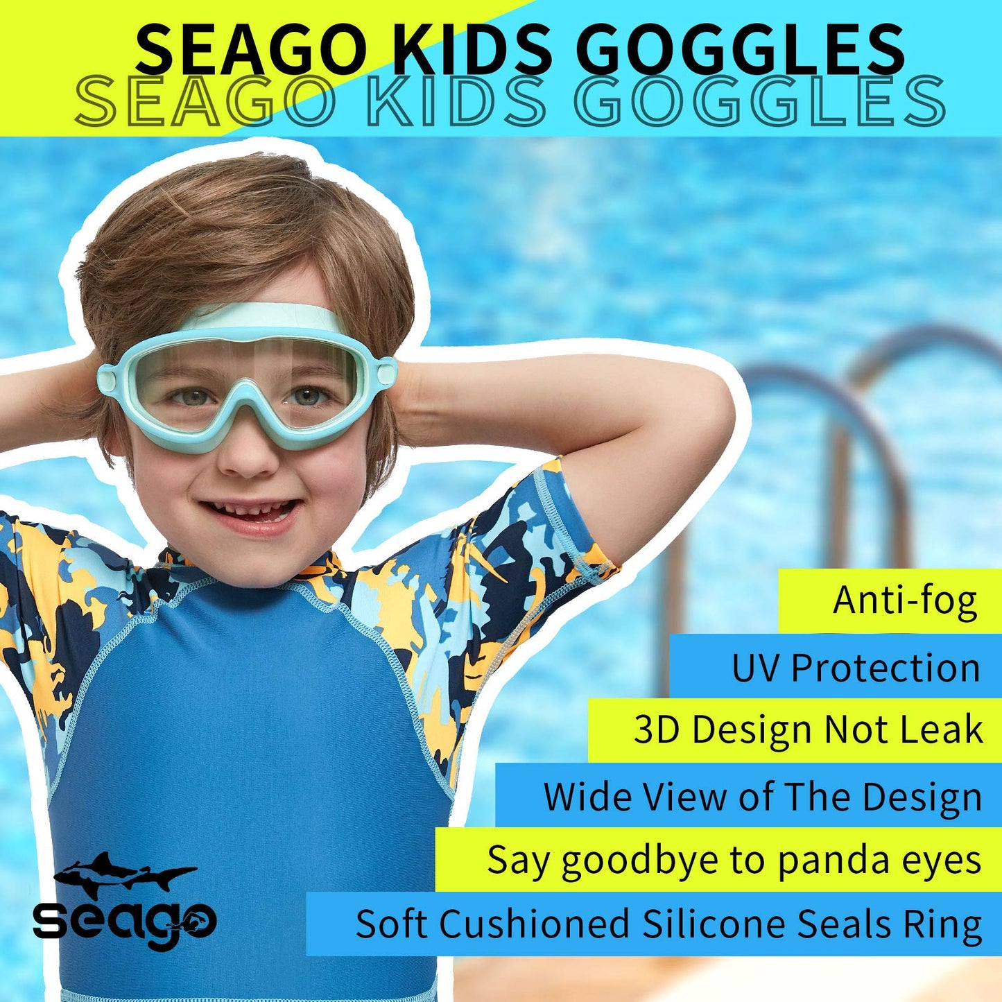 Seago Swim Goggles 2 Pack Anti-Fog Anti-UV Wide View UV Protection, Adjustable Swimming Goggles for Kids 3-15, Light Blue & Black, Green