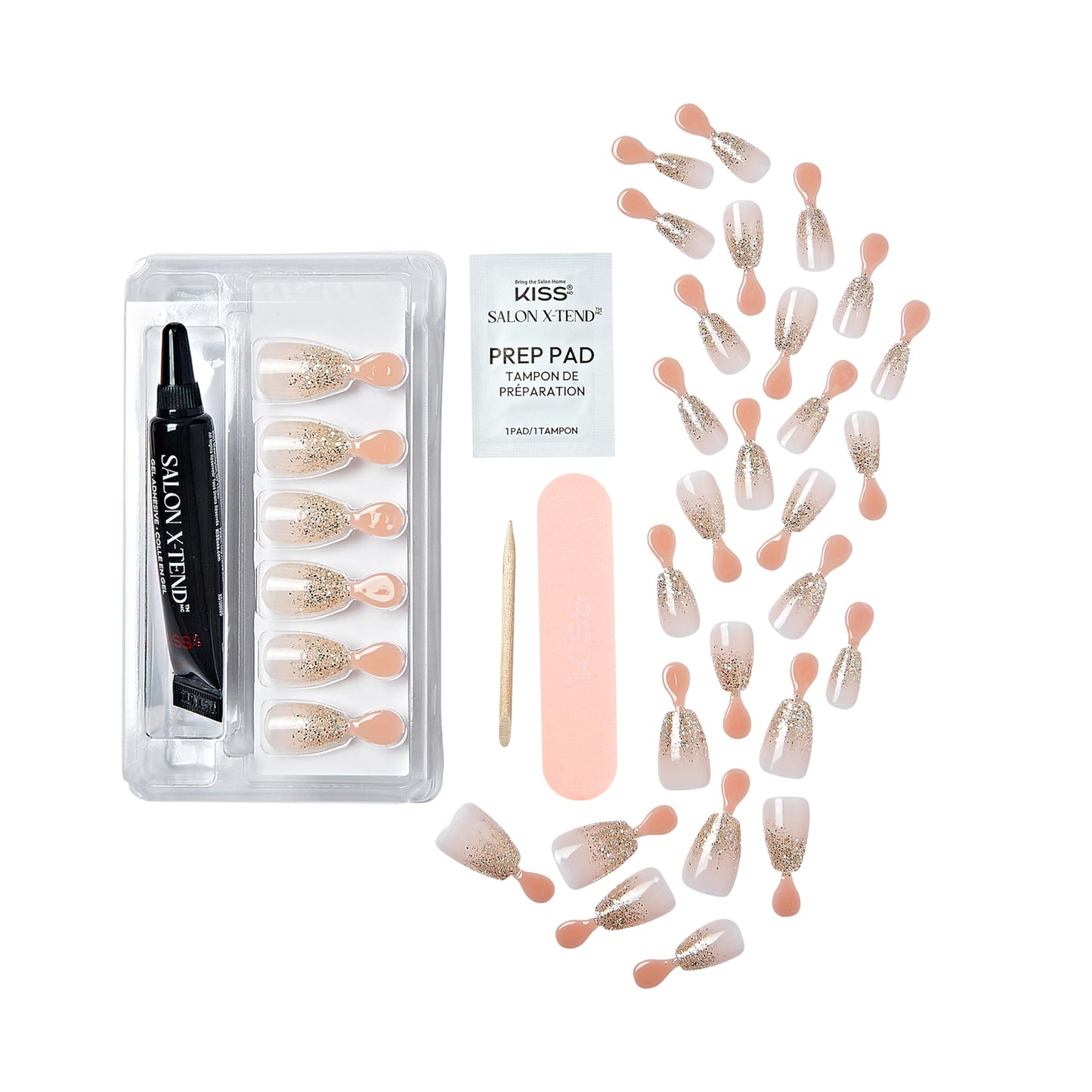 KISS Salon X-tend, Press-On Nails, Glue included, 'Satellite', Light Silver, Short Size, Coffin Shape, Includes 30 Nails, 5Ml Led Soft Gel Adhesive, 1 Manicure Stick, 1 New Mini File, New Prep Pad