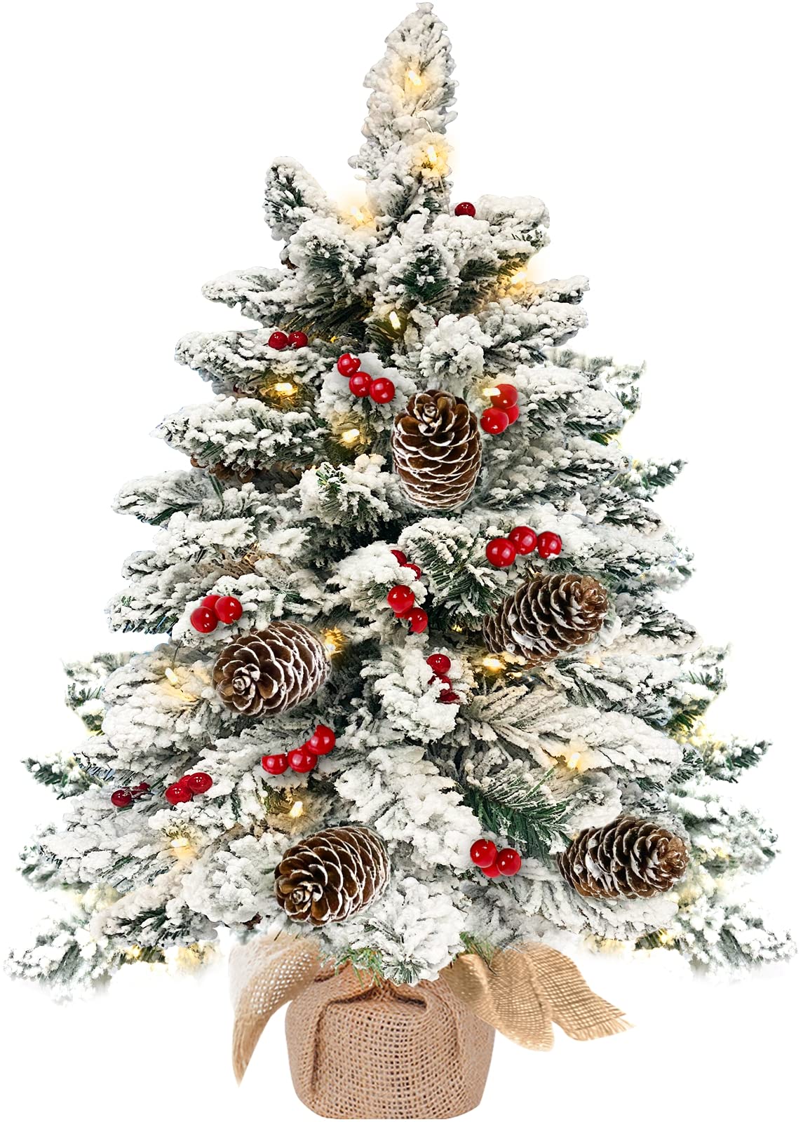 TURNMEON 20 Inch Flocked Christmas Tree with 35 Lights Timer, Tabletop Christmas Tree Battery Operated Warm Lights 30 Red Berries 5 Pine Cones Burlap Base Small Christmas Tree Xmas Decor Indoor Home