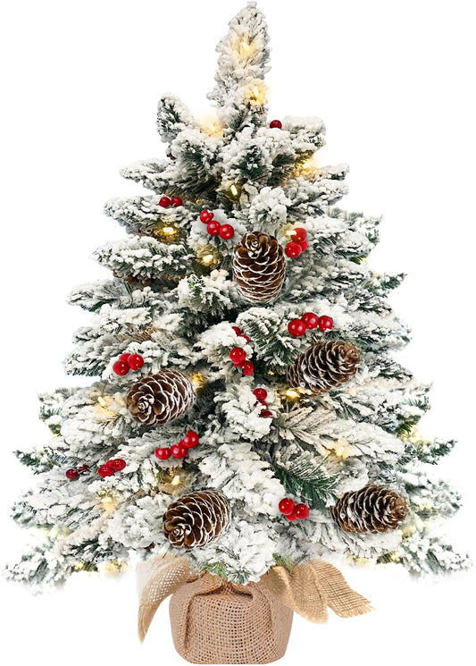 TURNMEON 20 Inch Flocked Christmas Tree with 35 Lights Timer, Tabletop Christmas Tree Battery Operated Warm Lights 30 Red Berries 5 Pine Cones Burlap Base Small Christmas Tree Xmas Decor Indoor Home