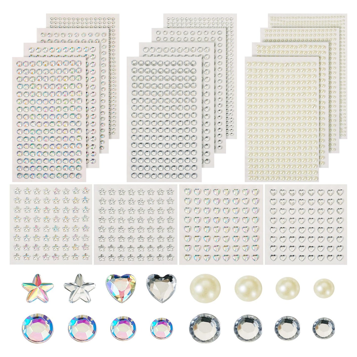 Craftdady 4104Pcs Acrylic Pearls Rhinestone Stickers Heart Star Half Round Stick On Face Gems Stick On Nail Body Acrylic Beads for Halloween Makeup Nail Art Wedding Scrapbook