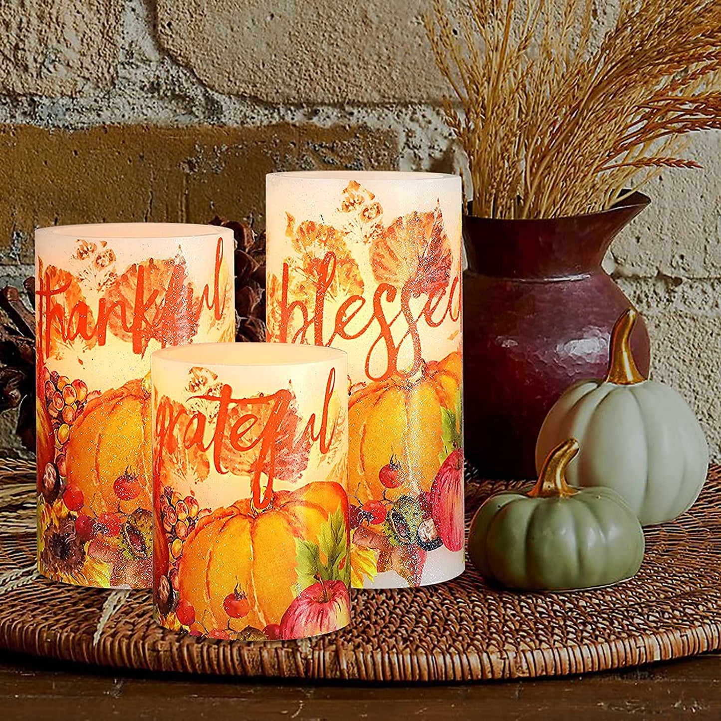 REVELBUNNY Thanksgiving Flameless Candles Maple Leaf Pumpkin LED Candles with Remote Timer Battery Operated Pillar Candle for Thanksgiving Autumn Harvest Halloween Party Decorations - Set of 3