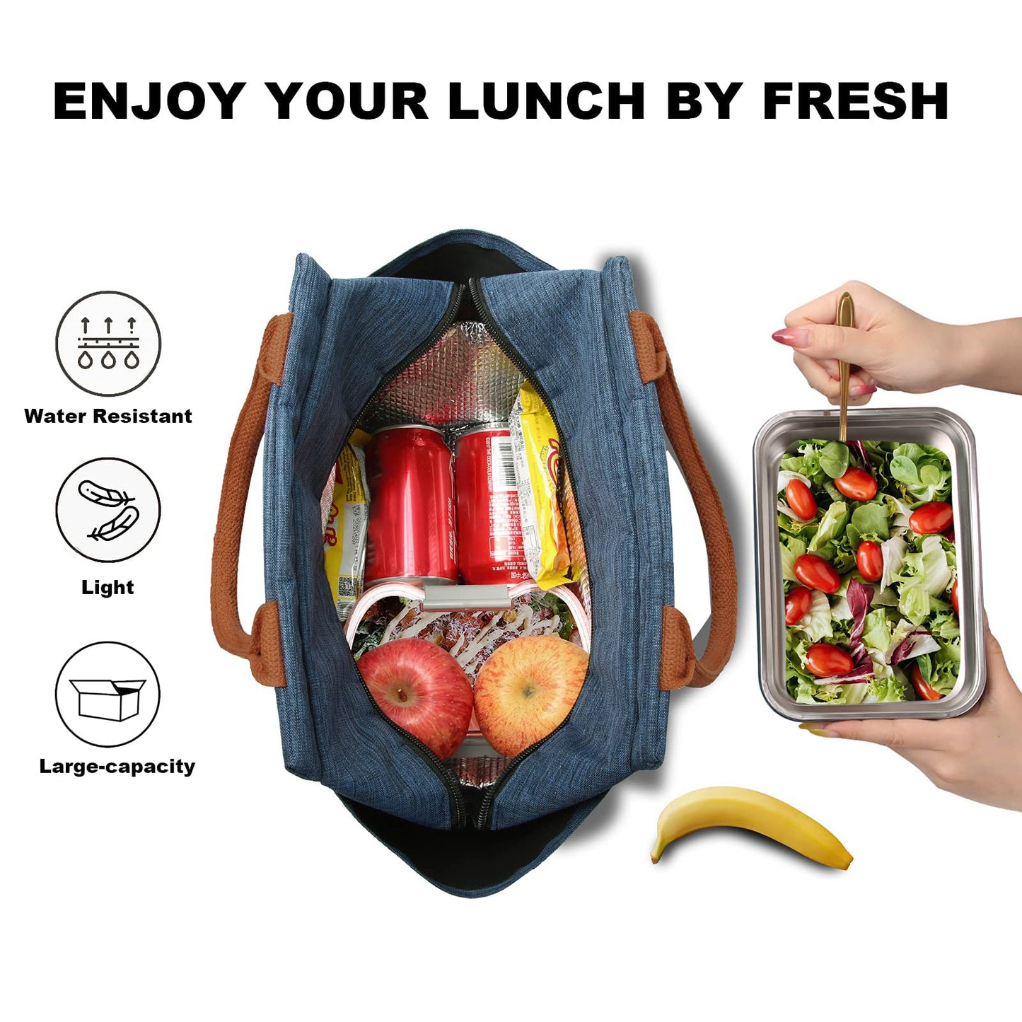 Joymee Lunch Bag Women Insulated Lunch Box Reusable Leakproof Large Spacious Tote for Women Men Adult with Bottle Holder and Side Pockets for Work Picnic Travel - Navy Blue