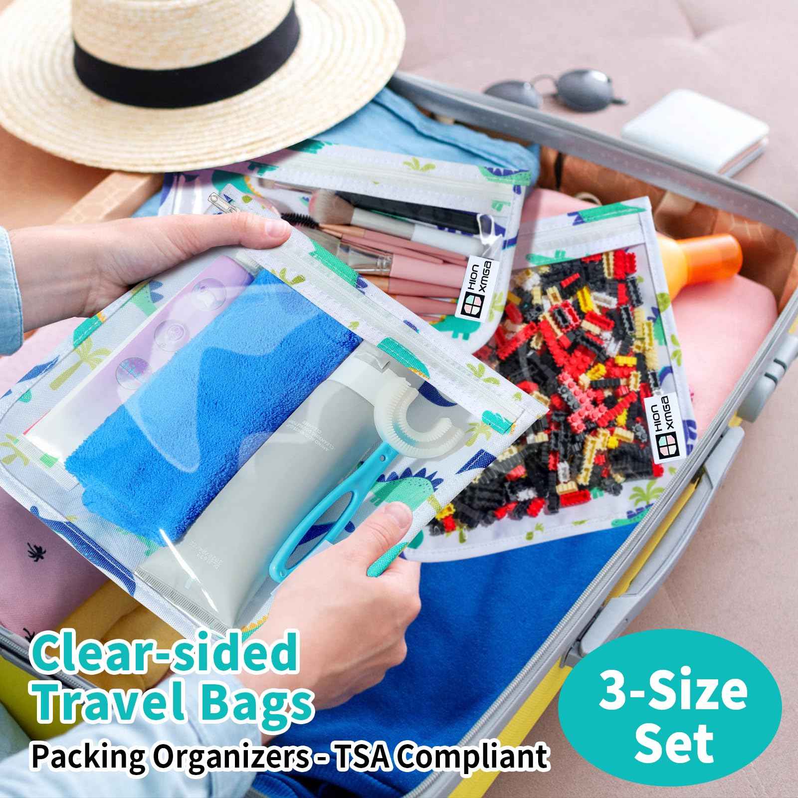 HIONXMGA TSA Approved Toiletry Bag, Set of 3 Clear Travel Toiletry Bag Quart Size Zipper Travel Pouch, Waterproof Makeup Cosmetic Bag for Women Men Kids Toiletries Carry on, Dinosaur White