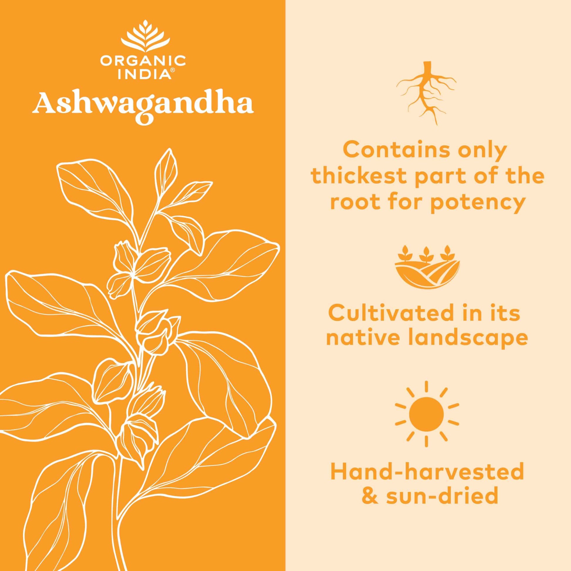 ORGANIC INDIA Ashwagandha Capsules - Organic Ashwagandha Supplement - Vegan Ashwagandha Root, Gluten-Free, Kosher, Non-GMO, Supports Stress Relief, Energy, and Sleep - 180 Capsules