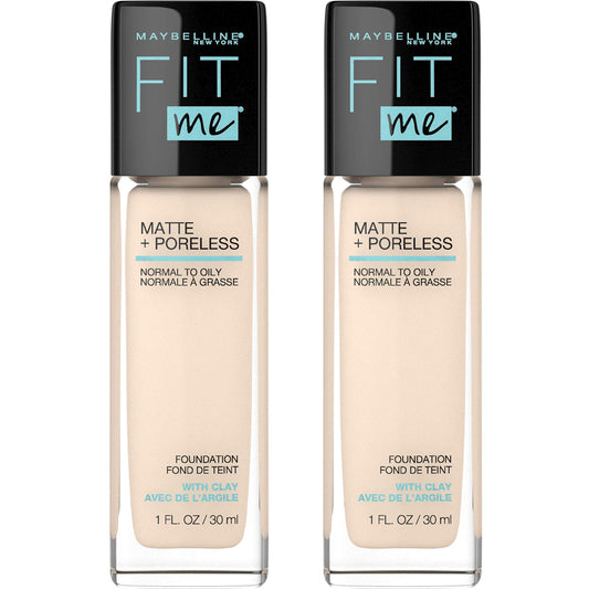 Maybelline Fit Me Matte + Poreless Liquid Foundation Makeup, Porcelain, 2 COUNT Oil-Free Foundation