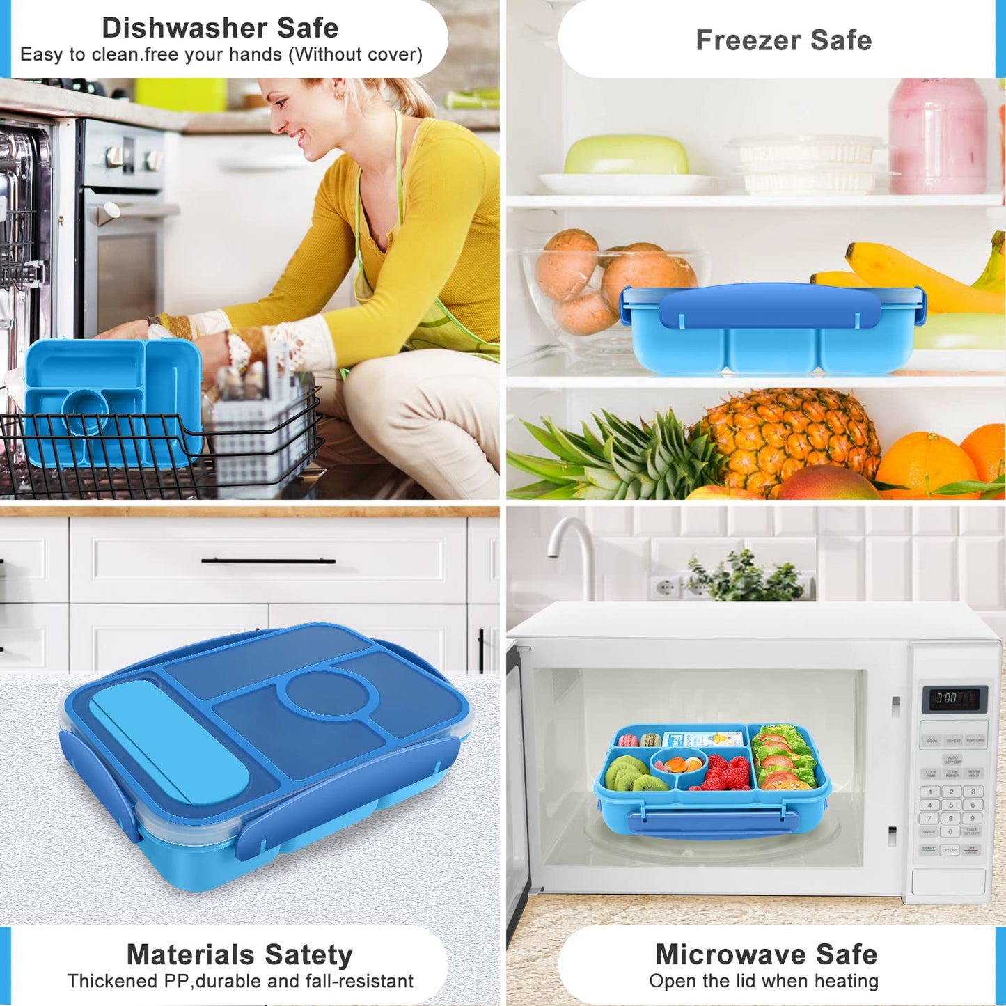 Demiue Lunch Box, Bento Box, Lunch Containers for Adults/Kids/Toddler,5 Compartments Bento Lunch Box with Sauce Vontainers,Microwave & Dishwasher & Freezer Safe,BPA Free(Blue)