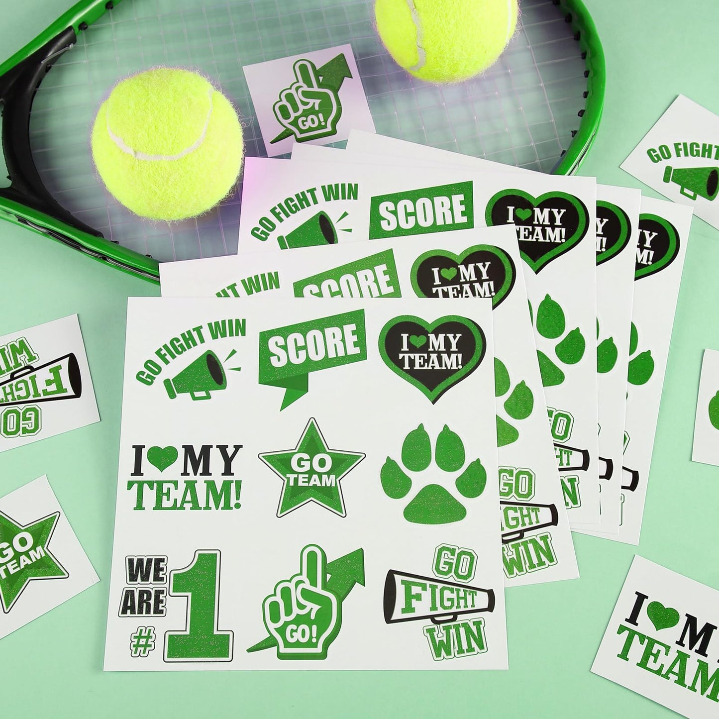 Colarr 180 Pcs Team Spirit Temporary Tattoo 2", 1.5" Face Body Paw Go Team Cheer Tattoo Removable Glitter School Spirit Stickers for Classroom Cheerleading Teams Carnival Sports Games (Green)