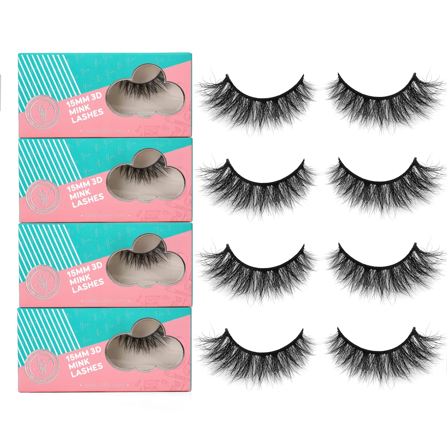 SY LASHES 15mm 3D Real Mink Lashes Natural Look Cat Eye False Eyelashes Wispy Short Fake Eye Lashes Fluffy Luxury Volume 5D Strip Eyelashes (Lucky03, 4 Pairs)