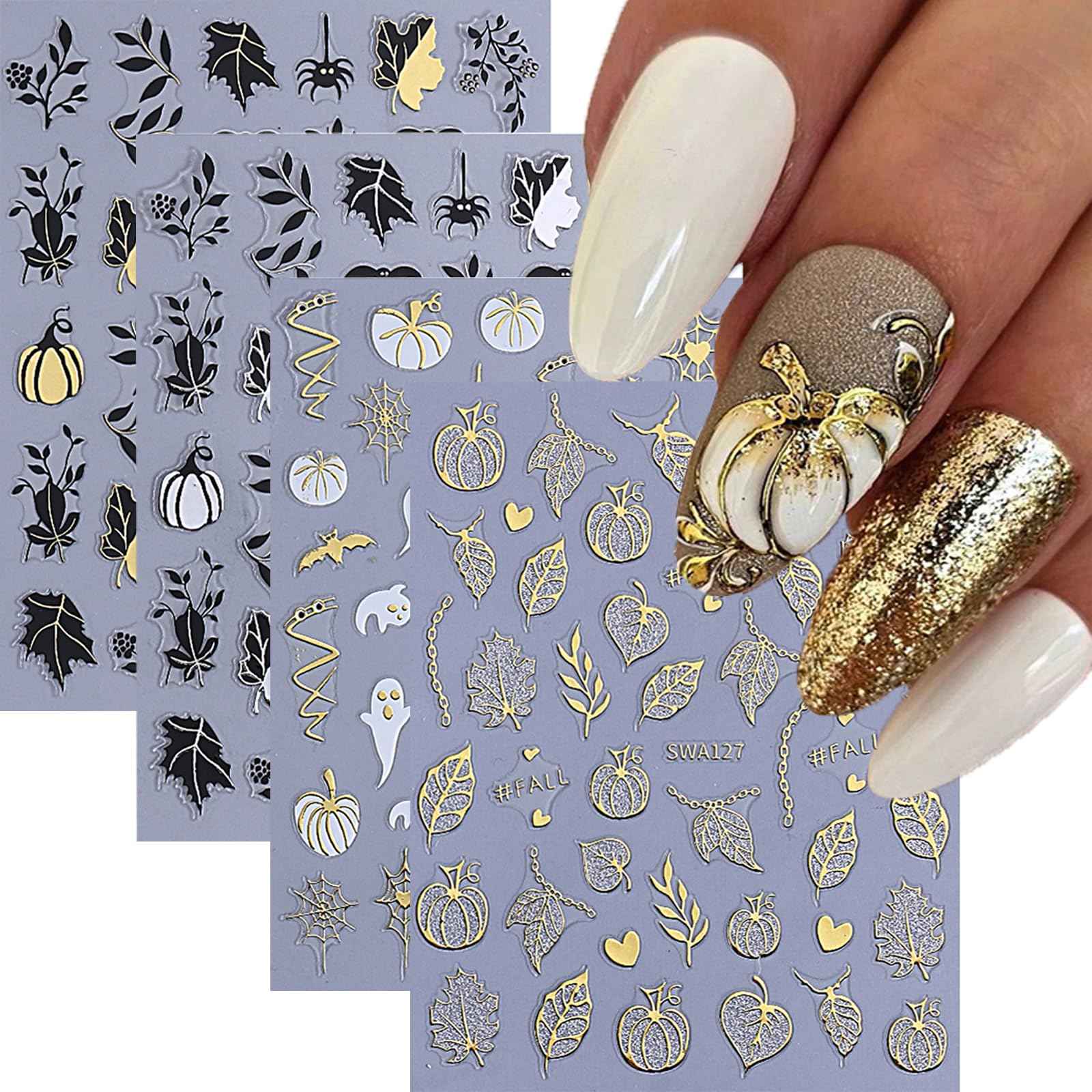 Maple Leaf Nail Art Stickers Pumpkin Nail Decals Cute Ghost Cobweb Bat Sticker for Nails Designs 3D Self-Adhesive Nail Stickers Fall Nail Decoration for Women Nail Art Supplies 4 Sheets