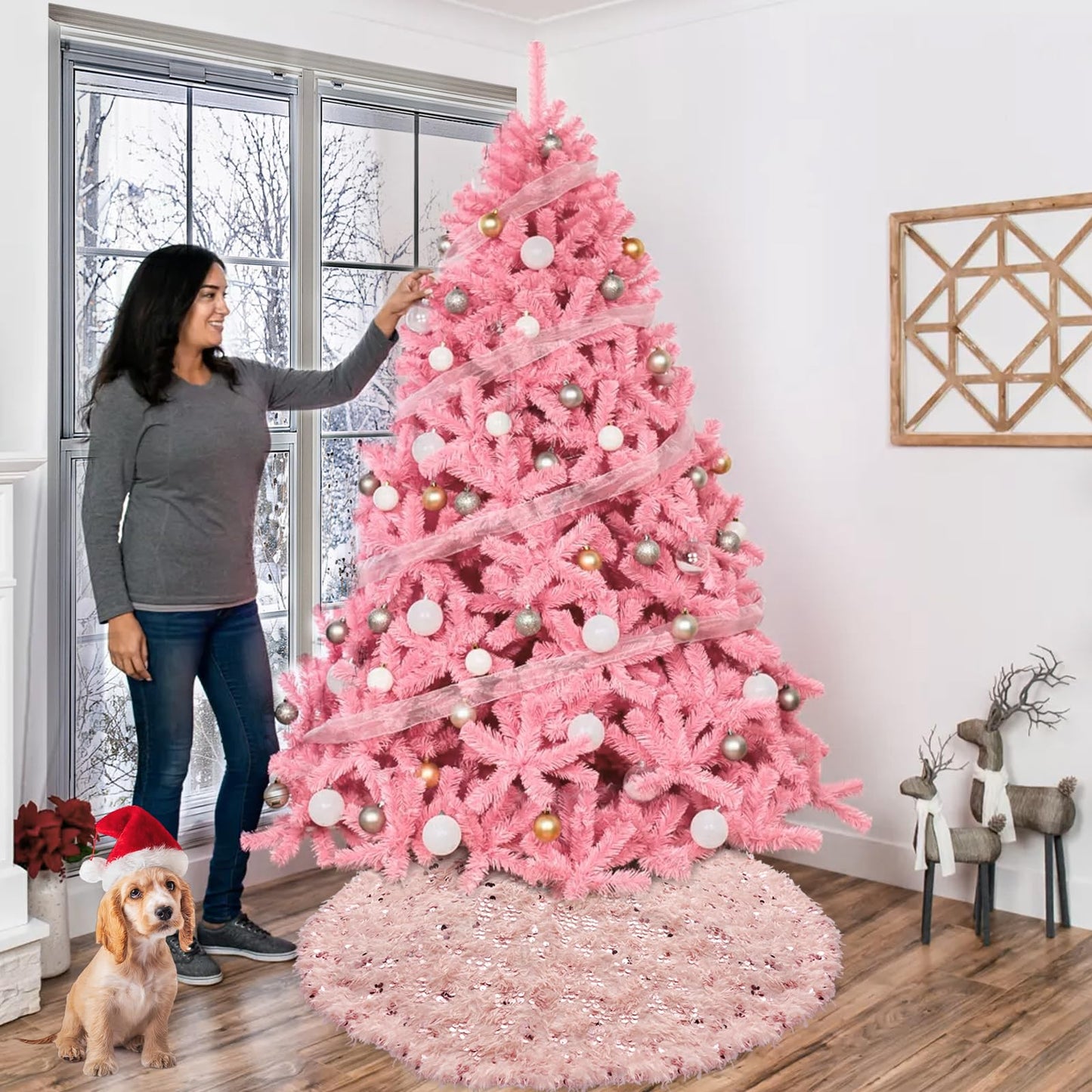 Blush Pink Christmas Tree Skirt, 48 inches Large Pink Faux Fur Feather Tree Ornaments with Sequins, Fluffy Xmas Tree Rug for Holiday Fall Winter New Year Christmas Decorations