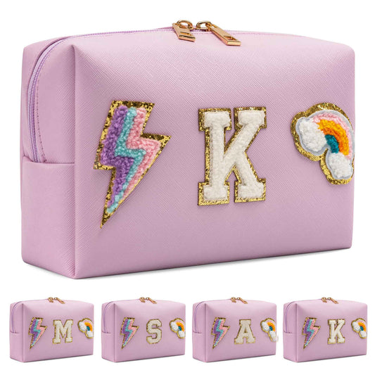 LUCKIPLUS Makeup Bag Preppy Cosmetic Pouch, Monogram Initial Pink Cute Skincare Travel Make up Organizer, Waterproof PU Preppy Case Brithday Gift for Daughter Women Mother (Letter K)