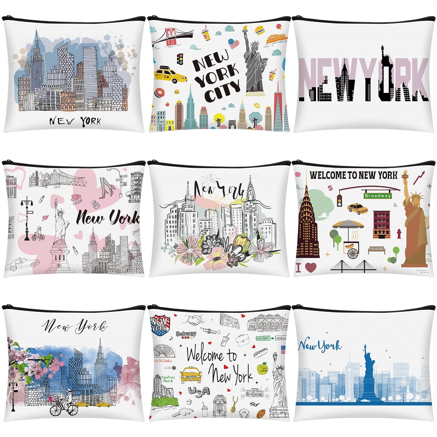 Huhumy 9 Pcs New York Cosmetic Bag New York Souvenir Zipper Pouch New York Souvenirs Vacation Souvenir Gifts New York Makeup Purse for Girls Women Traveler Sister Birthday Christmas Party Favors