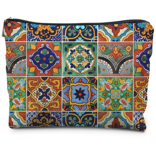 RYYCDOI Bohemian Tile Pattern Makeup Bag, Ethnic Moroccan and Mexican Talavera Tile Cosmetic Bag for Women, Vintage Floral Makeup Pouch, Mexican Gifts for Women