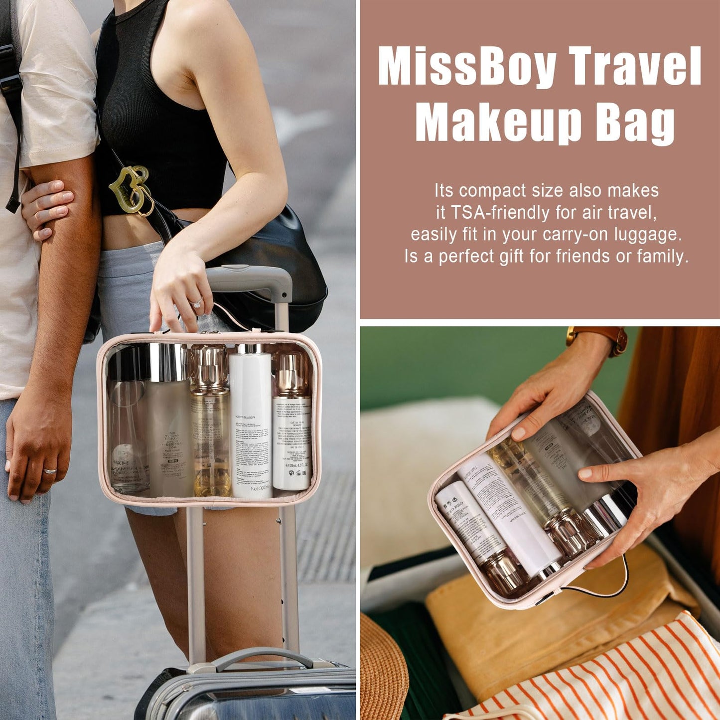 MissBoy TSA Approved Toiletry Bag, Clear Cosmetic Bag with Handle, Large Opening Transparent Travel Makeup Organizer Bag for Women Girls, Beige