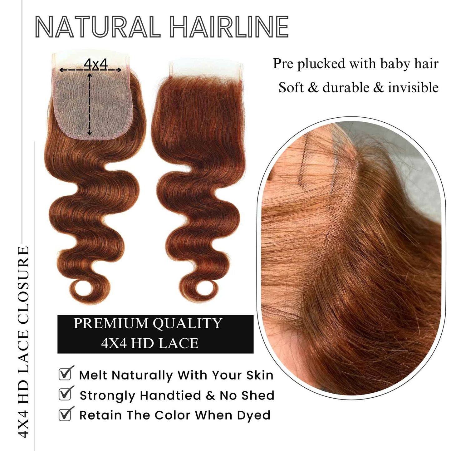 ALHER 33 Reddish Brown Body Wave 4x4 Lace Closure, 12A Copper Brown Colored 4X4 HD Lace Closure Free Part Pre Plucked with Baby Hair, 100% Virgin Remy Human Hair for Black Women 150% Density 10 Inch