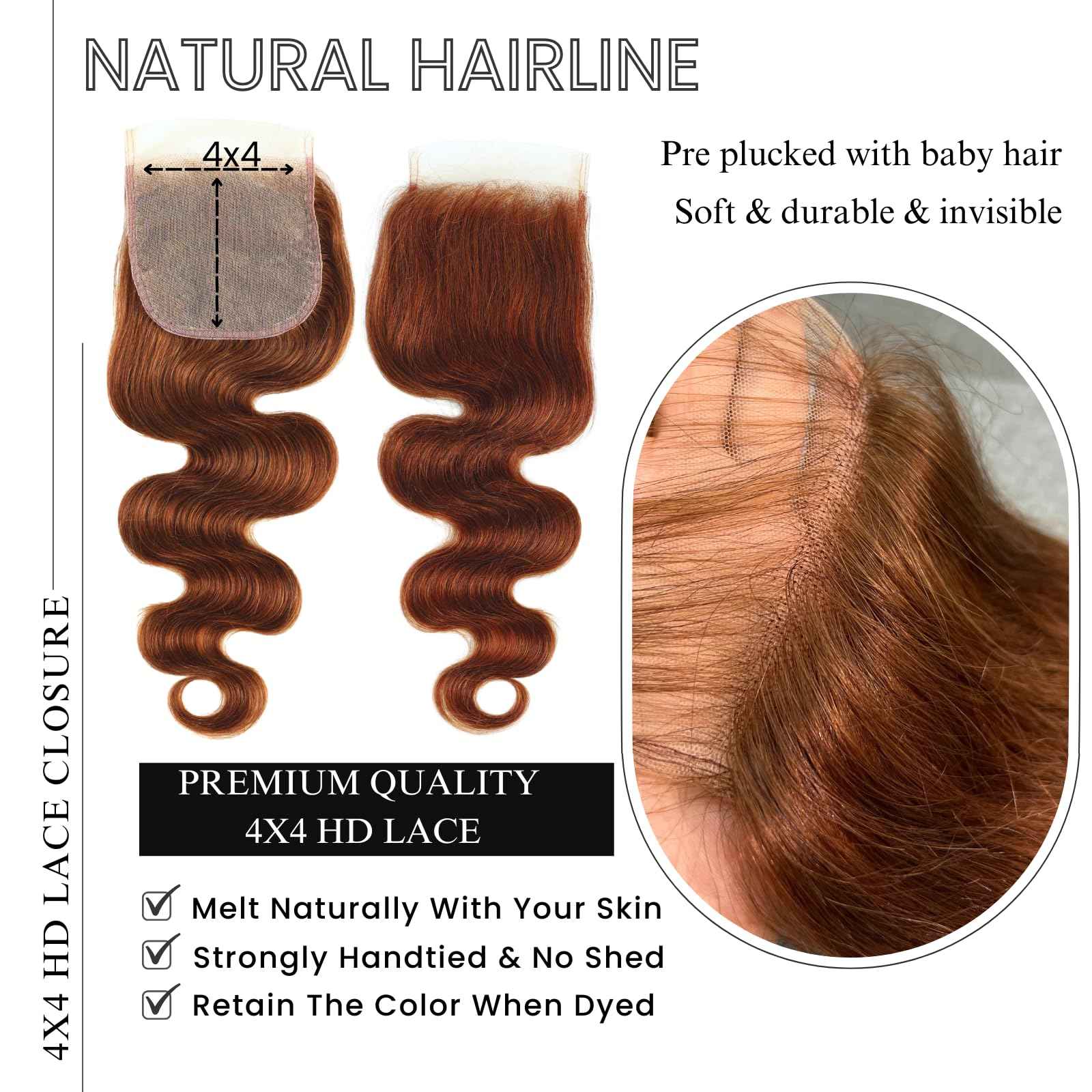 ALHER 33 Reddish Brown Body Wave 4x4 Lace Closure, 12A Copper Brown Colored 4X4 HD Lace Closure Free Part Pre Plucked with Baby Hair, 100% Virgin Remy Human Hair for Black Women 150% Density 10 Inch