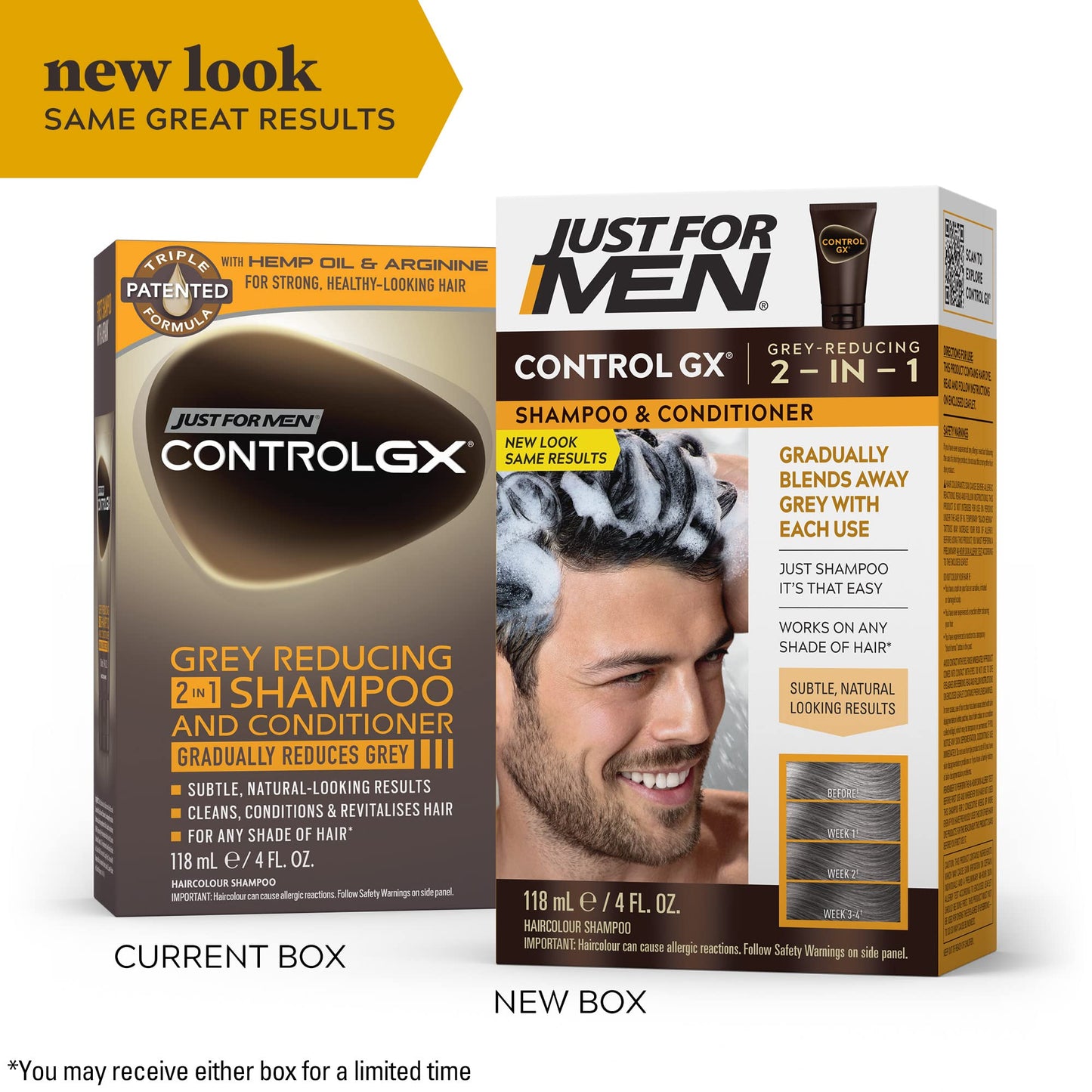 Just For Men Control GX Grey Reducing 2-in-1 Shampoo and Conditioner, Gradual Hair Color for Stronger and Healthier Hair, 4 Fl Oz - Pack of 1 (Packaging May Vary)