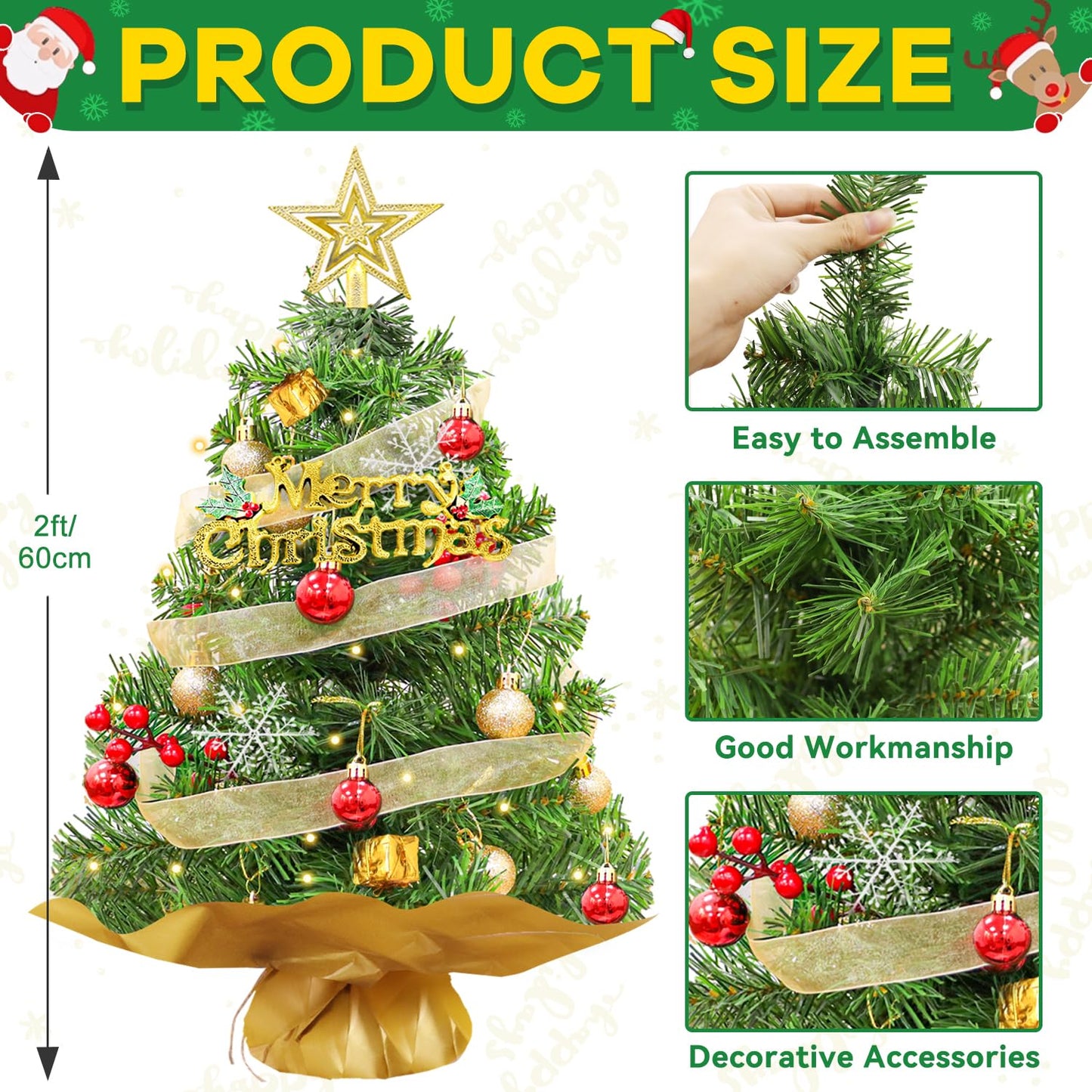 FANPROMS Mini Christmas Tree 2FT Green Artificial Small Christmas Tree with Small Warm Light and Hanging Ornaments Desktop Xmas Tree for Chrismtas DIY Gifts Supplies Office Home Party Decorations