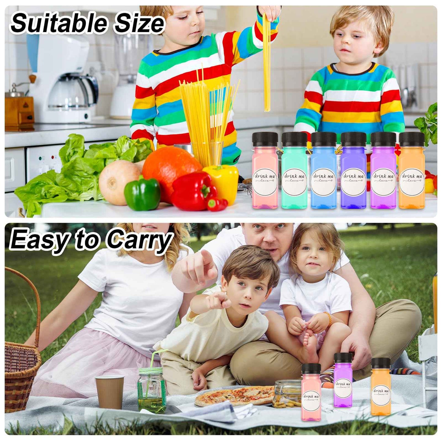 100 Pcs 2oz Plastic Bottles with Lids, Clear Plastic Bottle with Caps 2 oz for Liquids Small Reusable Ginger Shots Bottle Vial Beverage Container Leak Proof Mini Jars for Milk, Water, Ginger, Juice