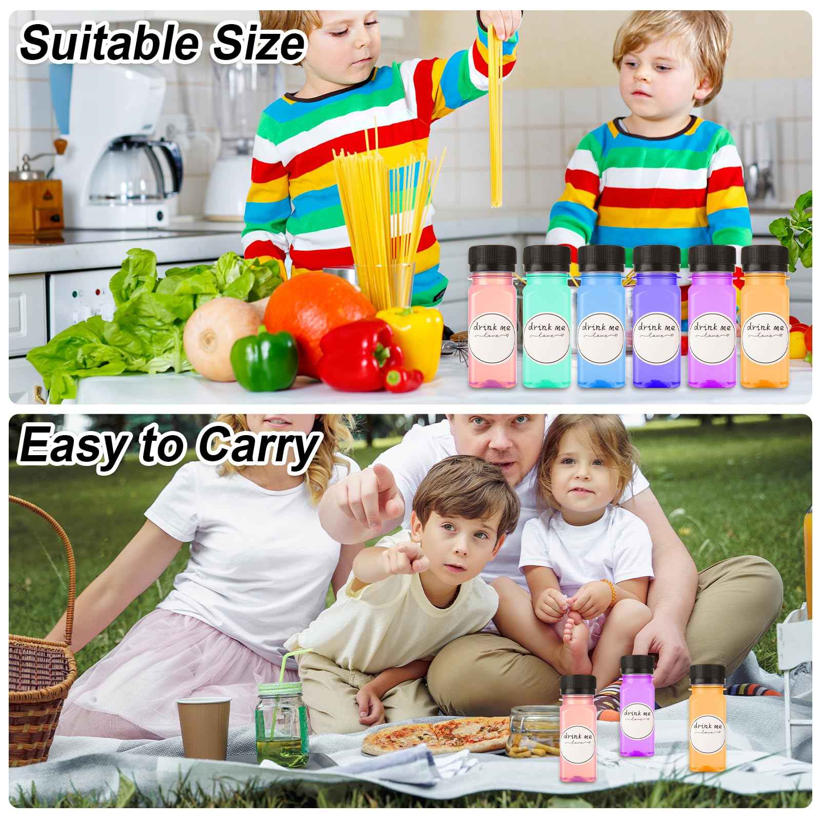 100 Pcs 2oz Plastic Bottles with Lids, Clear Plastic Bottle with Caps 2 oz for Liquids Small Reusable Ginger Shots Bottle Vial Beverage Container Leak Proof Mini Jars for Milk, Water, Ginger, Juice