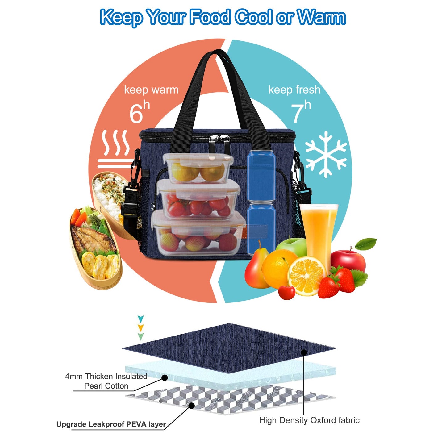 Femuar Lunch Bags for Women/Men, Insulated Lunch Bag for Work Office Picnic - Lunch Cooler Bag Leakproof Lunch Box with Adjustable Shoulder Strap - Dark Blue