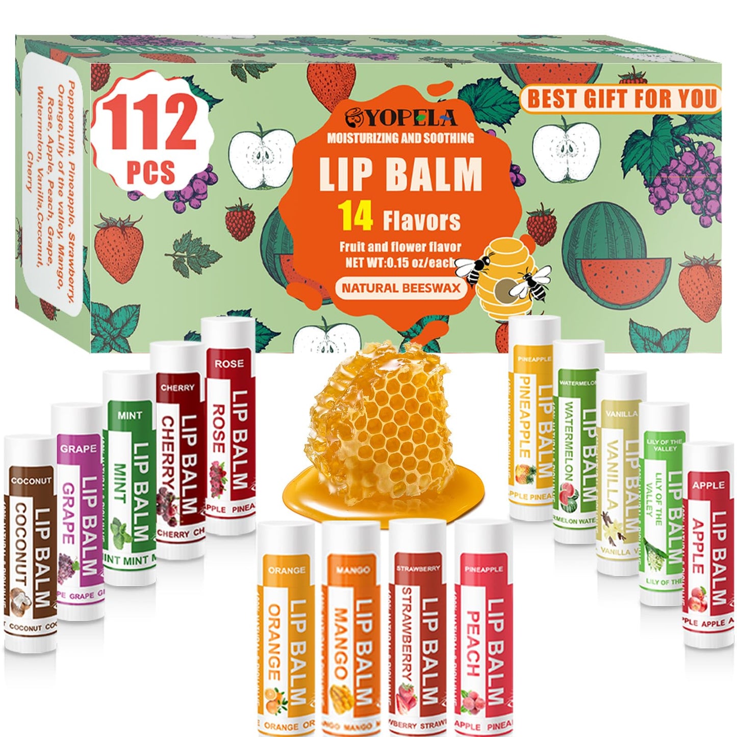 YOPELA 112 Pack Natural Lip Balm Bulk Lip Moisturizer with Vitamin E and Coconut Oil - Hydrating, Moisturizing, Soothing, and Repairing Dry and Chapped Lips - 14 Flavors - Non-GMO