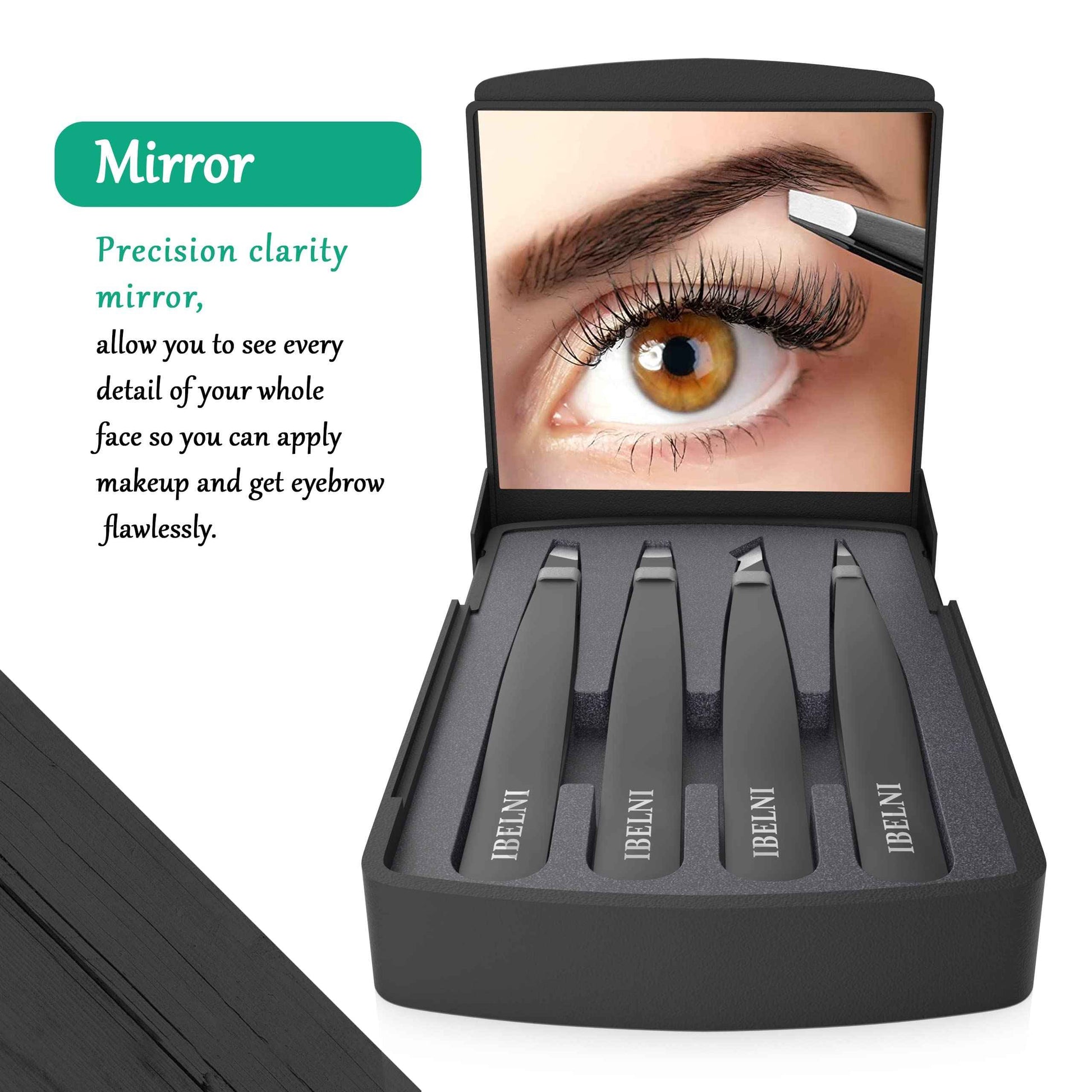 Tweezers Set with Mirror Case - Tweezers for Women facial hair-Professional Twizzers Facial Hair Tweezers for Eyebrows- Stainless Steel Tweezer kit with mirror compact (Black)