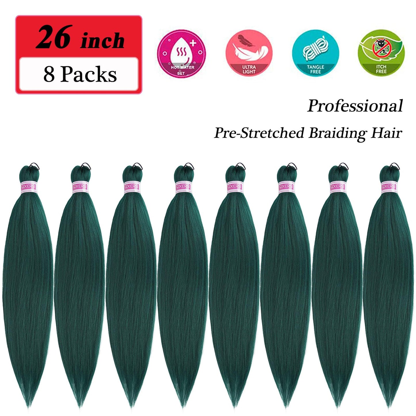 SIXERSI Dark Green Braiding Hair Pre Stretched 26 Inch Colored Emerald Braiding Hair Extensions for Braids Kanekalo Prestretched Braiding Hair Kids Knotless Hypoallergenic Synthetic Braiding Hair