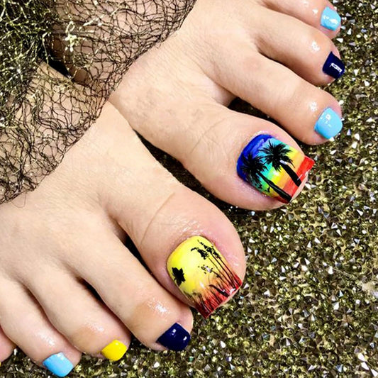 24Pcs Toenails Press ons, Short Square Fake Toenails Summer Coconut Trees Butterfly Designs Full Cover Yellow Blue Glue on Toenails Cool Sunset False Toenails for Women and Girls Nail Decorations