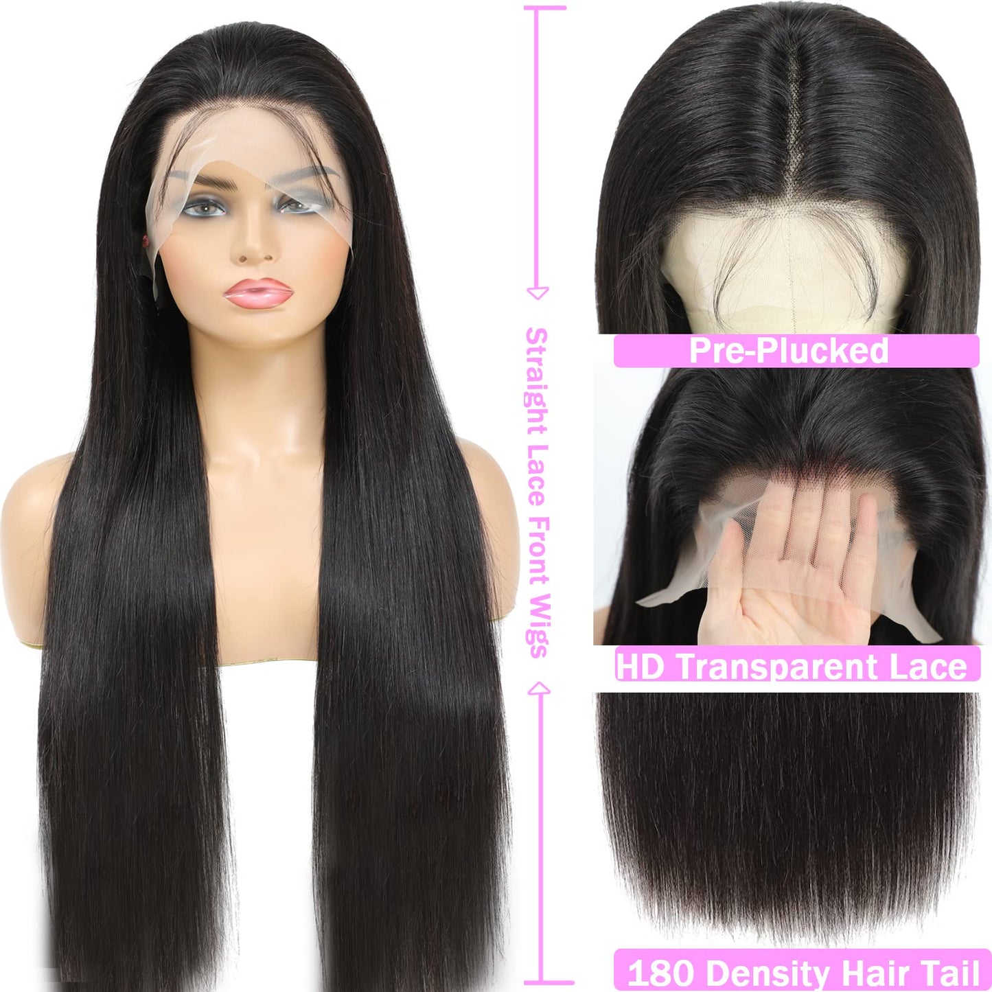 TTSMINS 13x6 Lace Front Wigs Human Hair for Women 180 Density HD Transparent 28 Inch Straight Lace Front Wigs Human Hair Pre Plucked Glueless Lace Frontal Wigs Natural Black Color