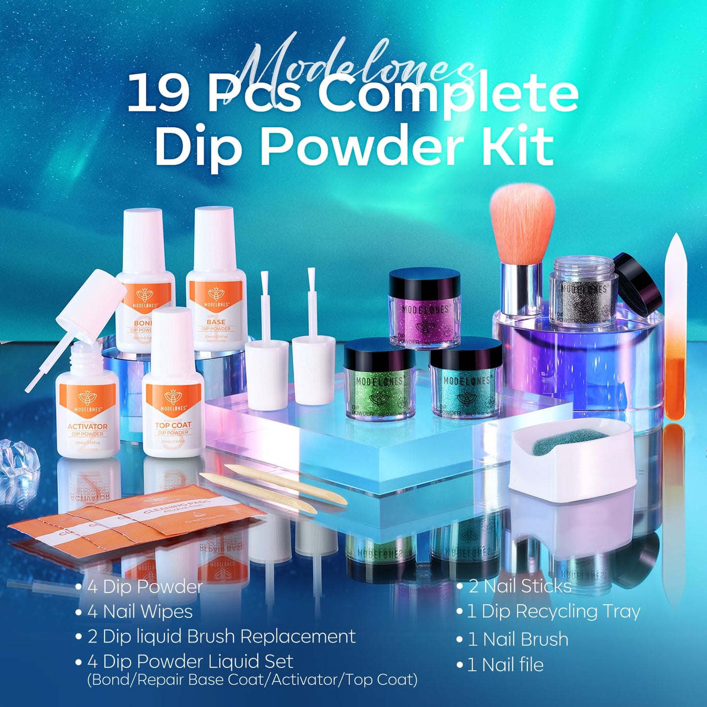 Modelones Dip Powder Nail Kit, Black Green Blue Purple 4 Colors Nail Dip Powder Kit Starter Set for Beginners with Dipping Powder Liquid Set