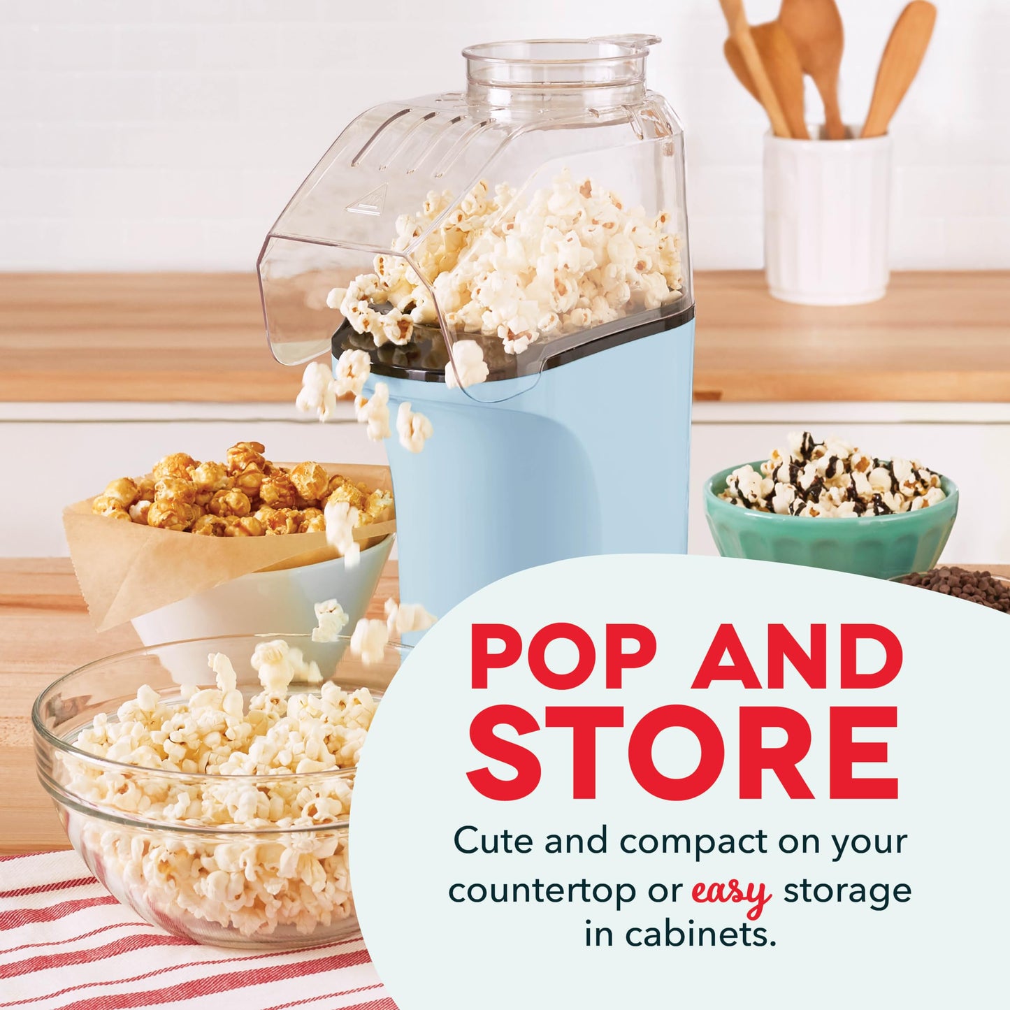 DASH Hot Air Popcorn Popper Maker with Measuring Cup to Portion Popping Corn Kernels + Melt Butter, 16 Cups - Dream Blue