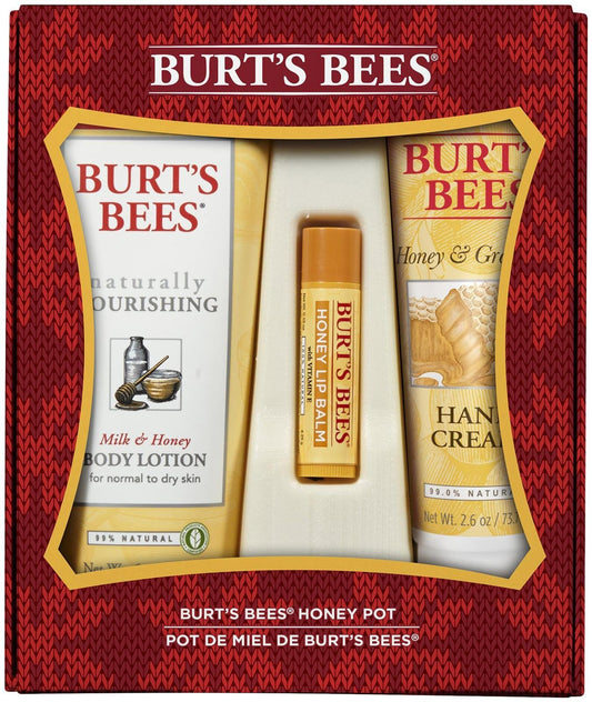 Burt's Bees Honey Pot Holiday Gift Set, 3 Honey Skin Care Products – Milk & Honey Body Lotion, Honey & Grapeseed Hand Cream and Honey Lip Balm