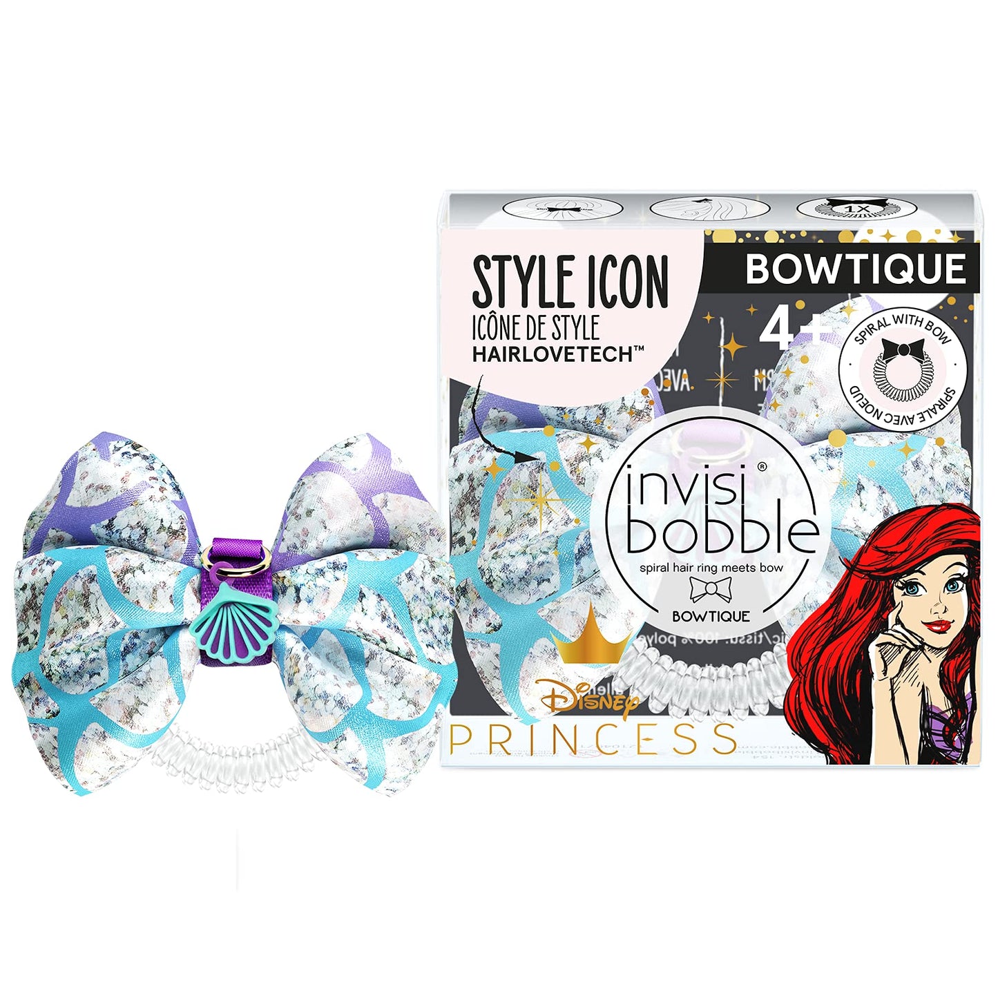 invisibobble Bowtique – Spiral Hair Ring with Bow – Disney Princess Ariel - Strong Elastic Grip Coil Accessories for Women - Gentle for Girls Teens and Thick Hair