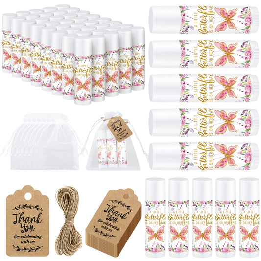 Demissle 50 Pcs Baby Shower Lip Balm Gift Set with 100 Pcs Organza Bags Baby Shower Party Favor for Guest Thank You Tag Rope Baby Shower Party Decoration Gender Reveal Souvenirs (Butterfly)