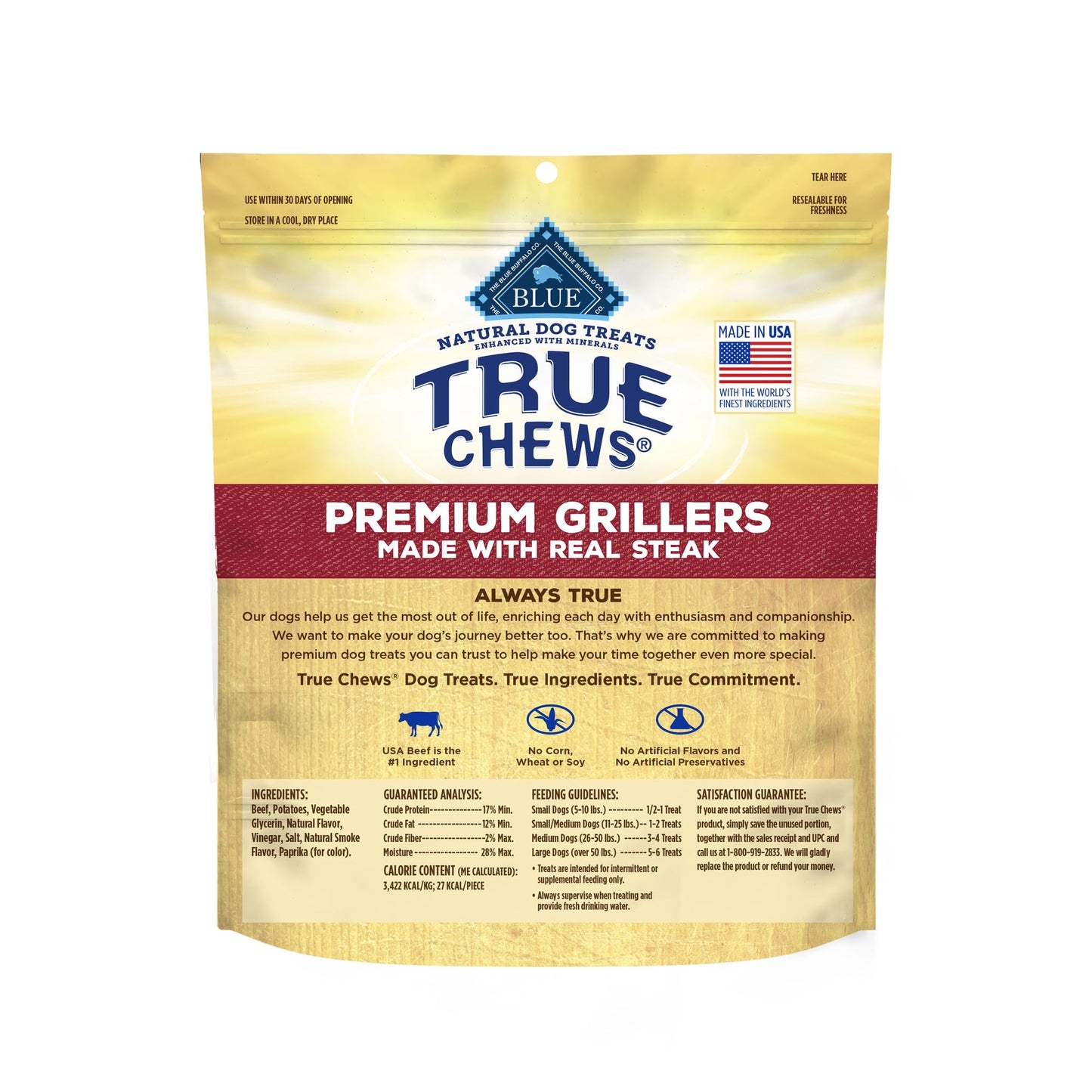 Blue Buffalo True Chews Premium Grillers Dog Treats, Made in the USA with Natural Ingredients, Steak, 10-oz. Bag